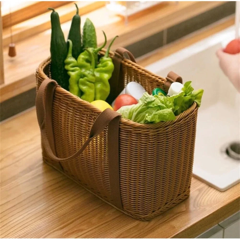 Woven Wicker Market Basket Tote Brown Plastic Rattan Picnic Bag with Handles